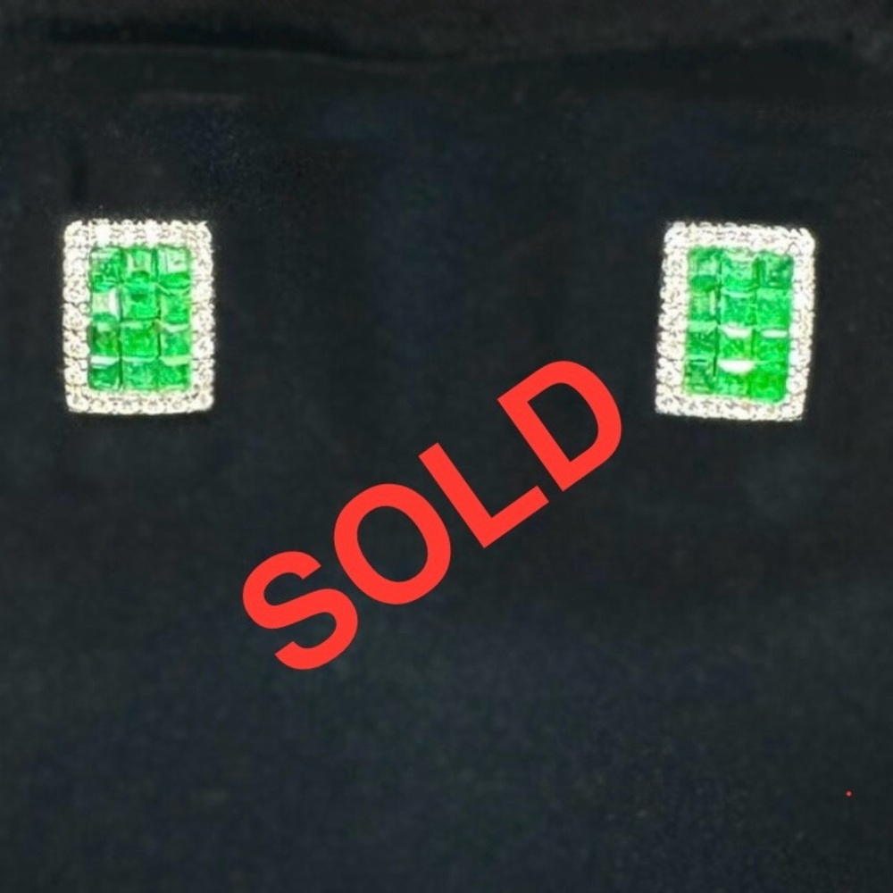 14K White Gold Emerald Diamond Stud Earrings | Art Deco Style | 585 Marked